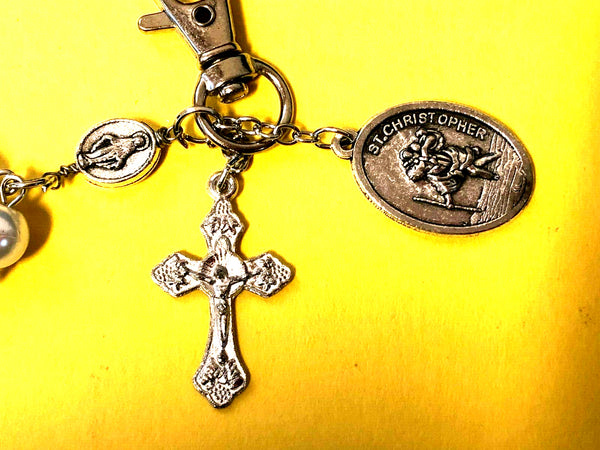Saint Christopher Faux Pearls 1 decade Rosary Clip + Prayer Card, New