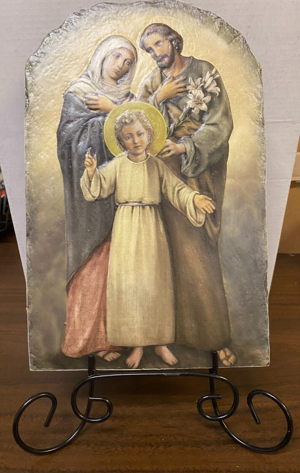 Holy Family Arched Tile Plaque with metal stand, New
