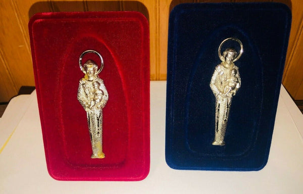 Saint Anthony of Padua Engraved Pewter, Blue or Red Velvet Frame ,New from Italy