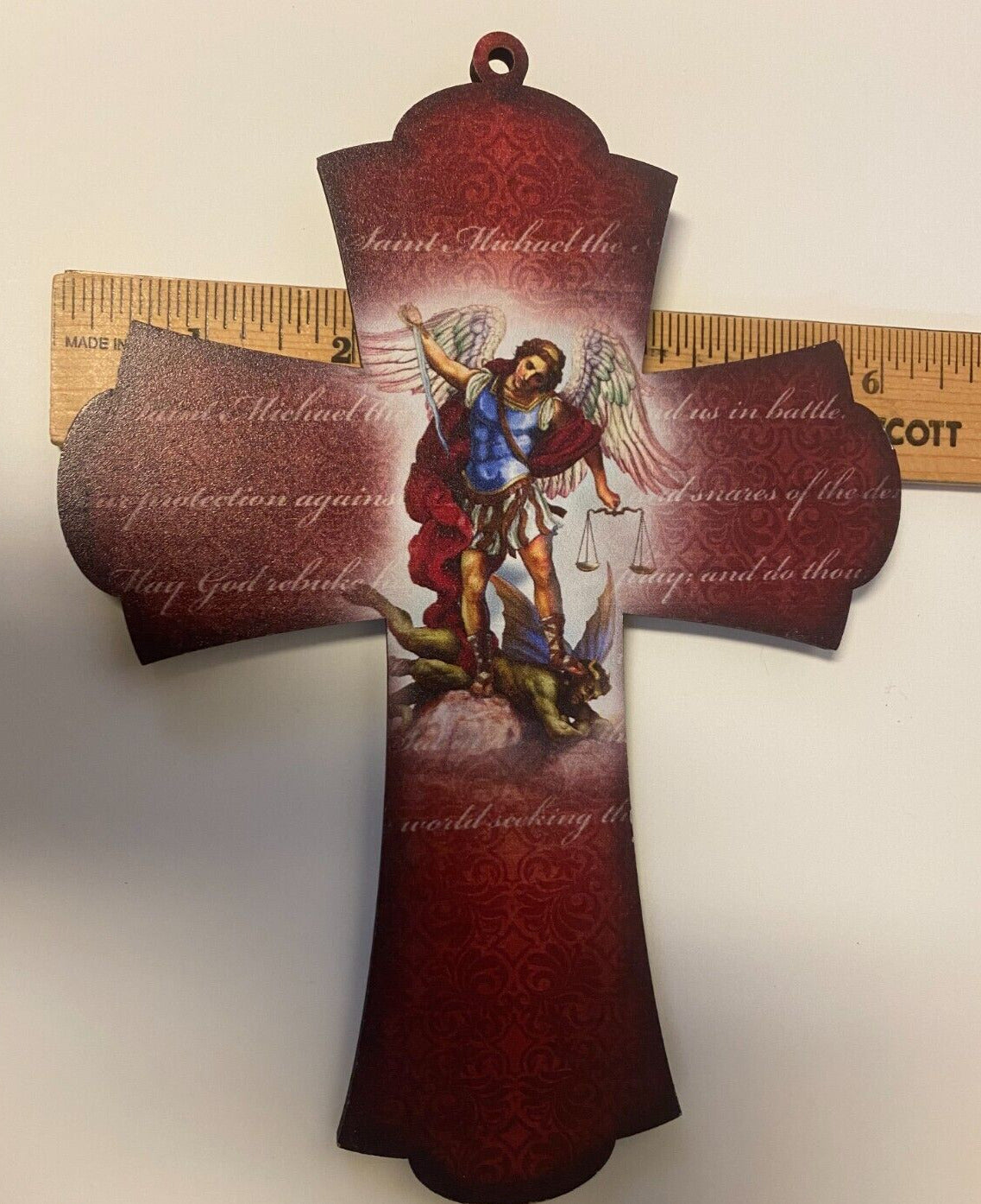 Saint Michael The Archangel 8" Laser Image on Thin Wood Cross, New - Bob and Penny Lord