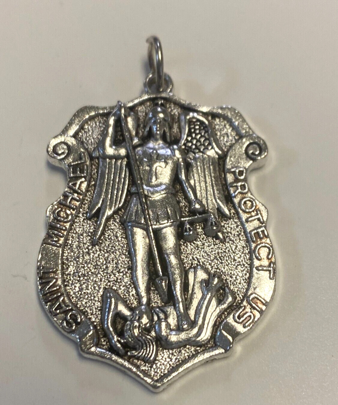 Saint Michael the Archangel Silver tone Shield Medal, New - Bob and Penny Lord