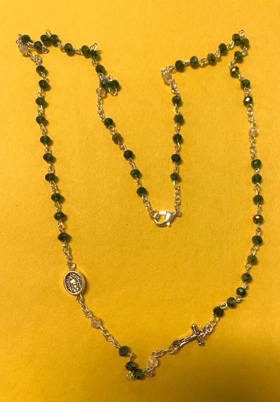 Our Lady of Guadalupe Green Glass Beads Rosary Necklace, New