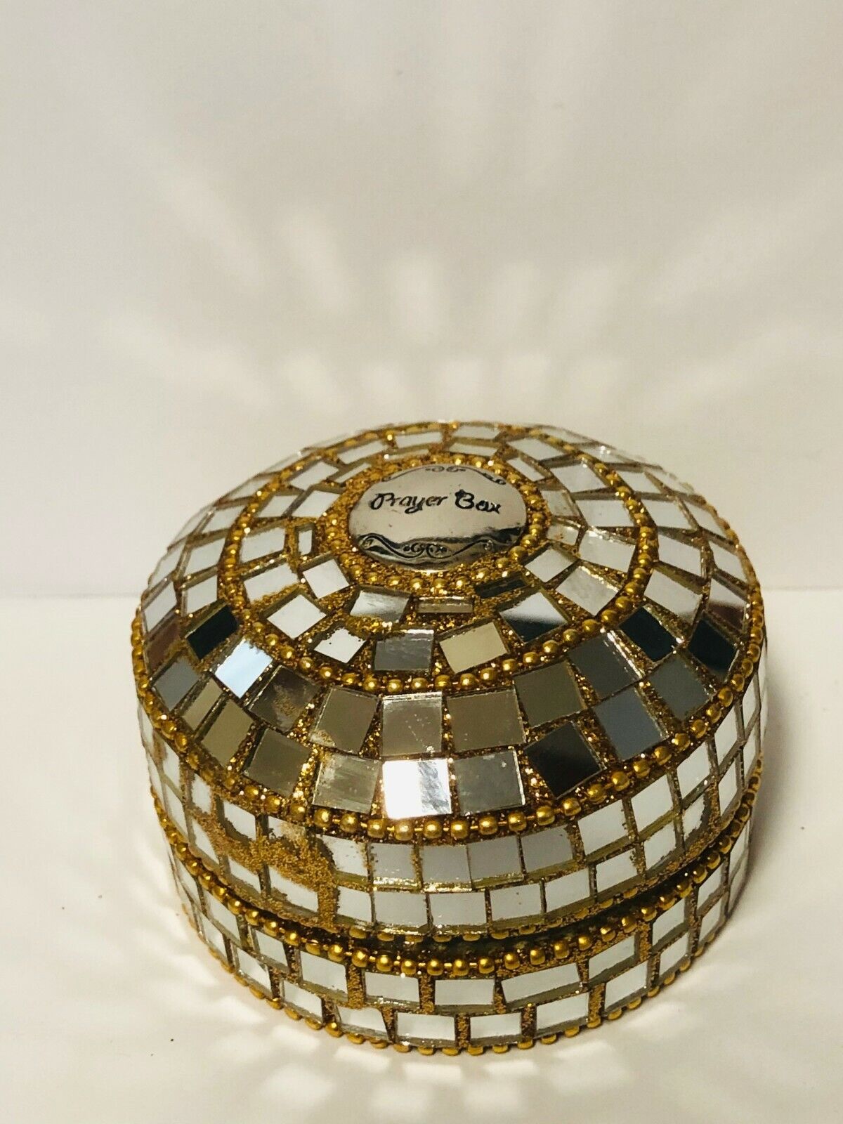 Prayer Box, Decorative Mirror/Gold Sequins Round Box, 3" New - Bob and Penny Lord