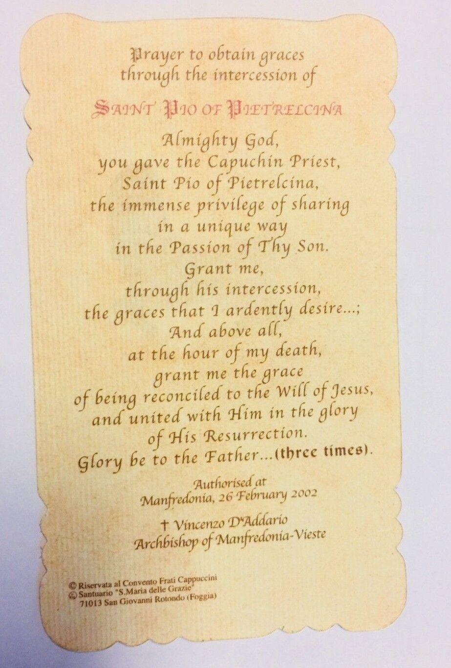 Padre Pio Scalloped Prayer Card, from San Giovanni Italy, New
