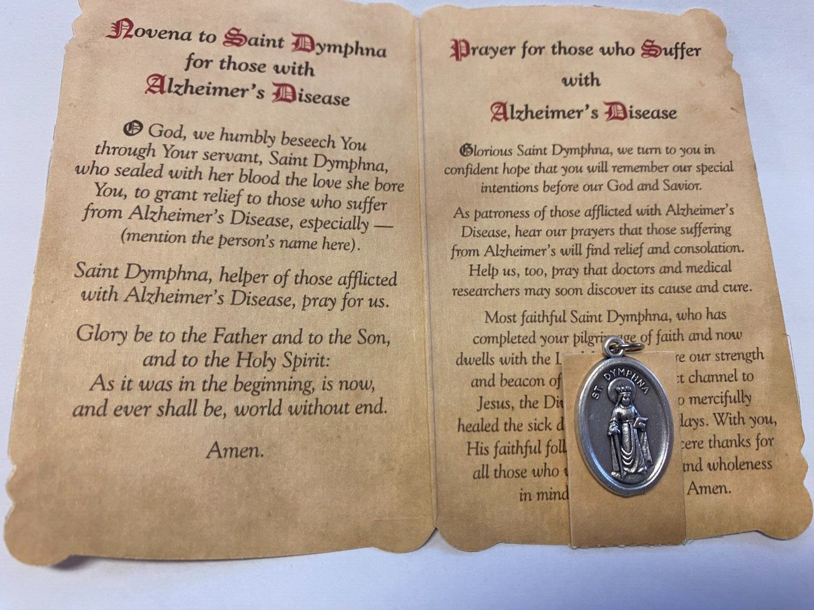 Saint Dymphna  Prayer , Novena Card + Medal, New - Bob and Penny Lord